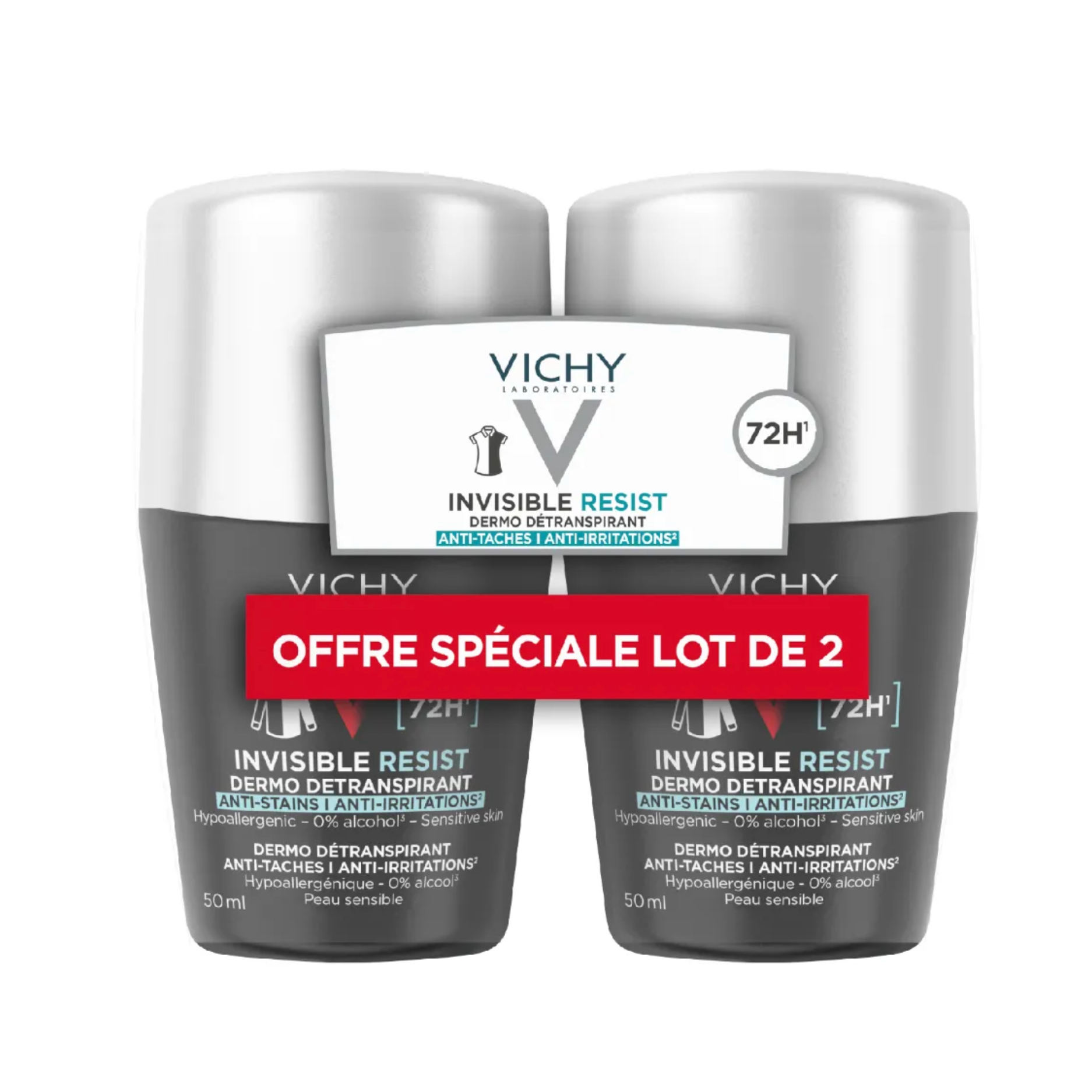 VICHY DEODORANT HOMME INVISIBLE RESIST 72H ROLLON 50ML LOT DE 2