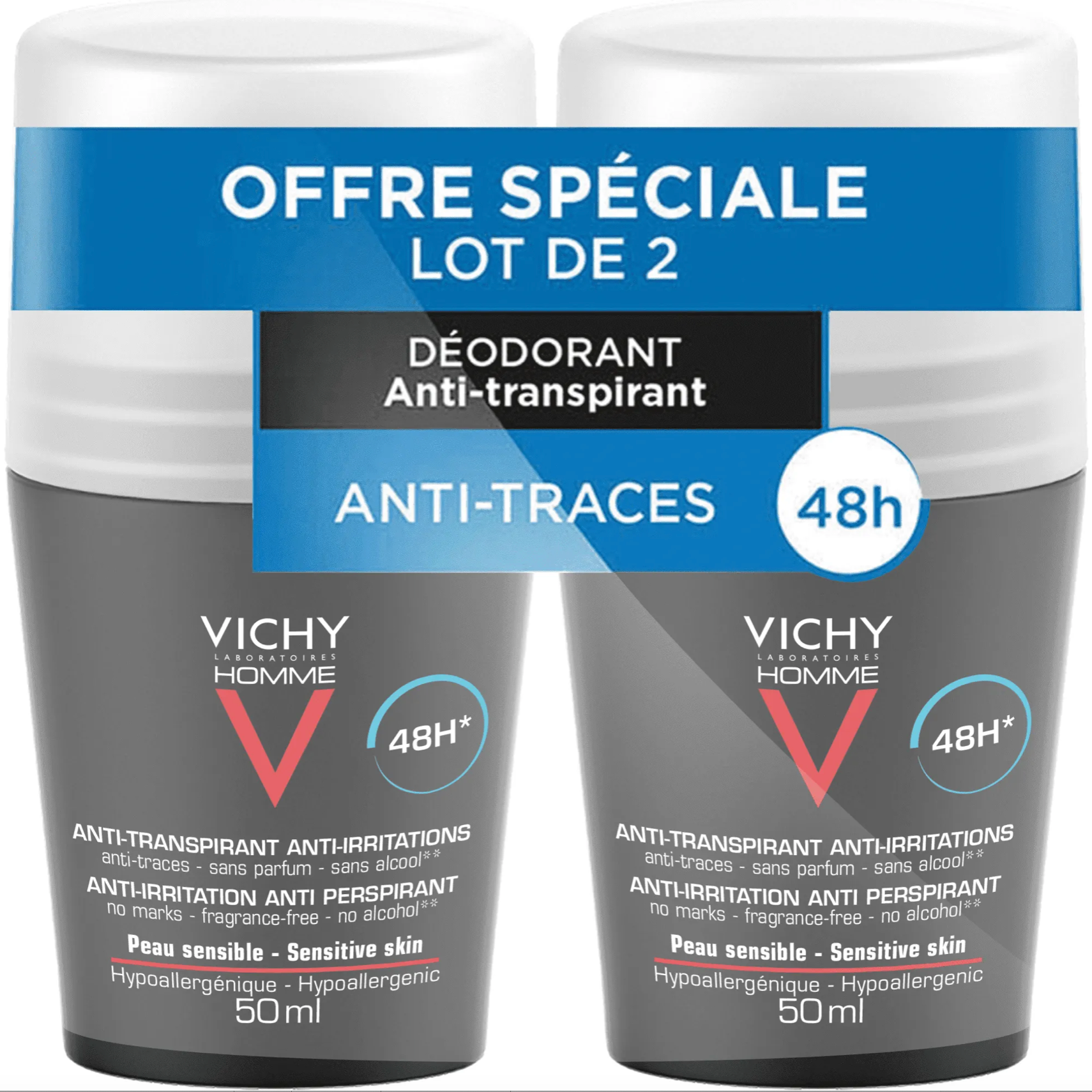 VICHY DEODORANT HOMME ANTI TRANSPIRANT 48H 50ML LOT DE 2